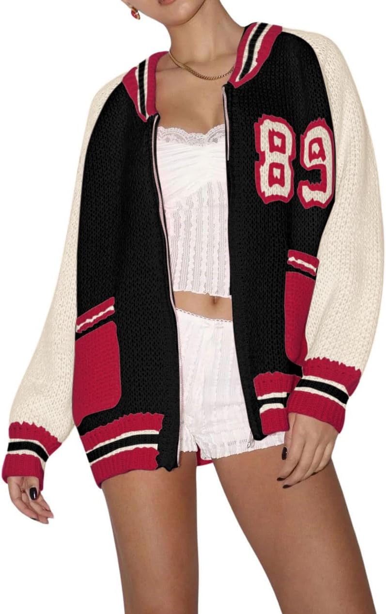 CHARTOU Women Fall Oversized Cardigan Sweater Zip Up Chunky Knit Varsity Bomber Jacket