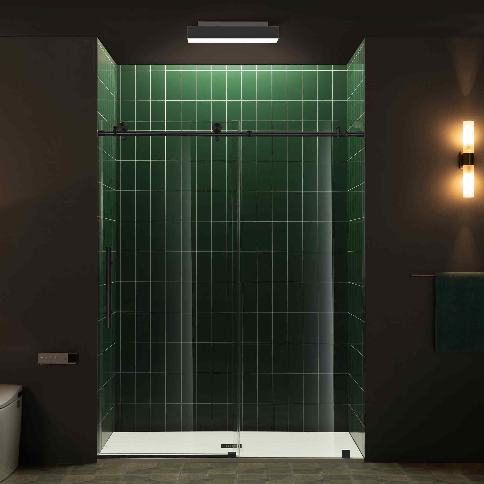 Photo 1 of Woodbridge 56-60" W x 80" H Frameless Single Sliding Shower Door with Tempered Glass & Explosion Proof Film in Matte Black Finish