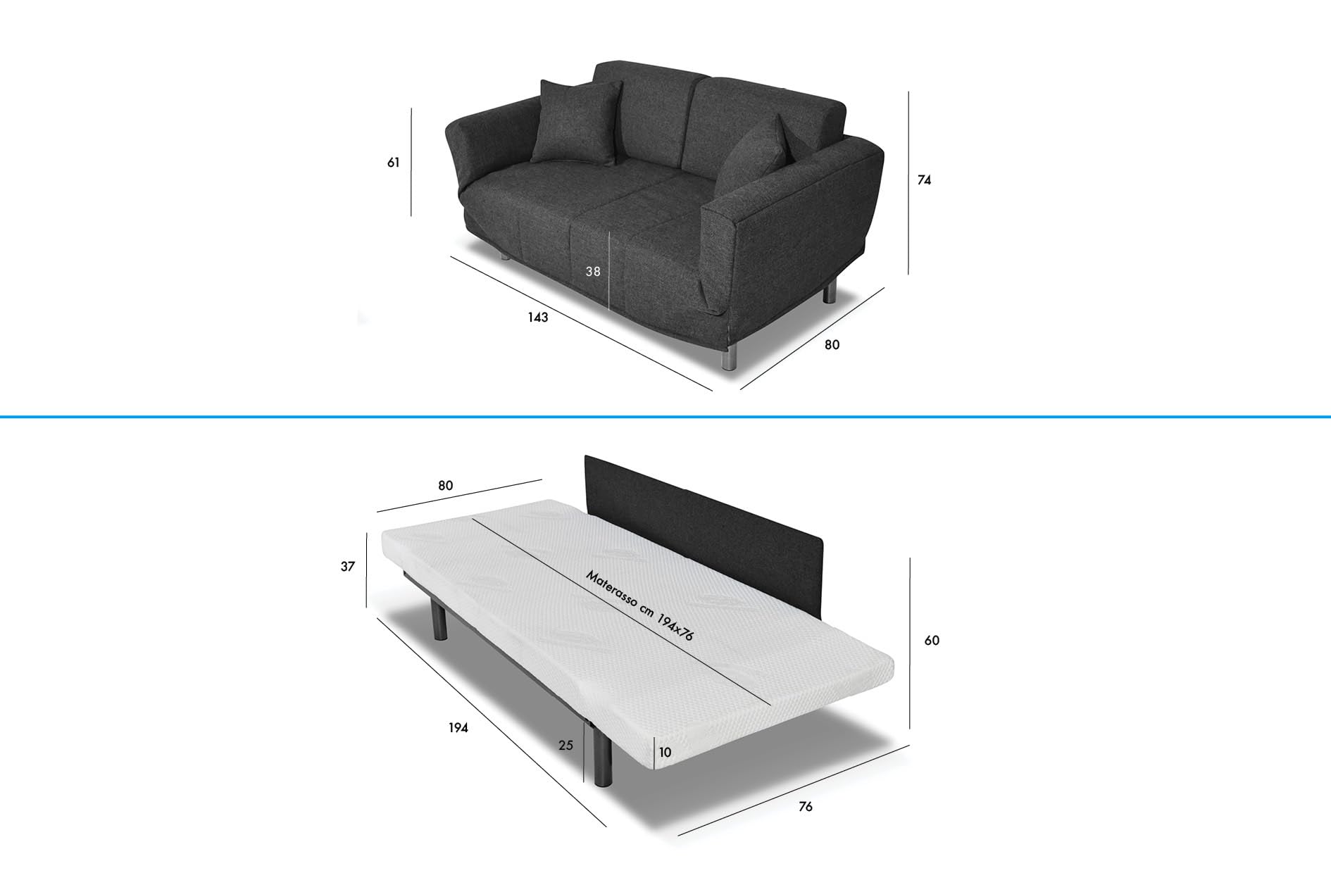 Nuvole di Sonno - Divano Letto Levis trasformabile in Letto con Materasso Comfort, Design Moderno Salvaspazio, Rivestimento Sfoderabile, 2 Cuscini in Omaggio, Made in Italy (Nero)