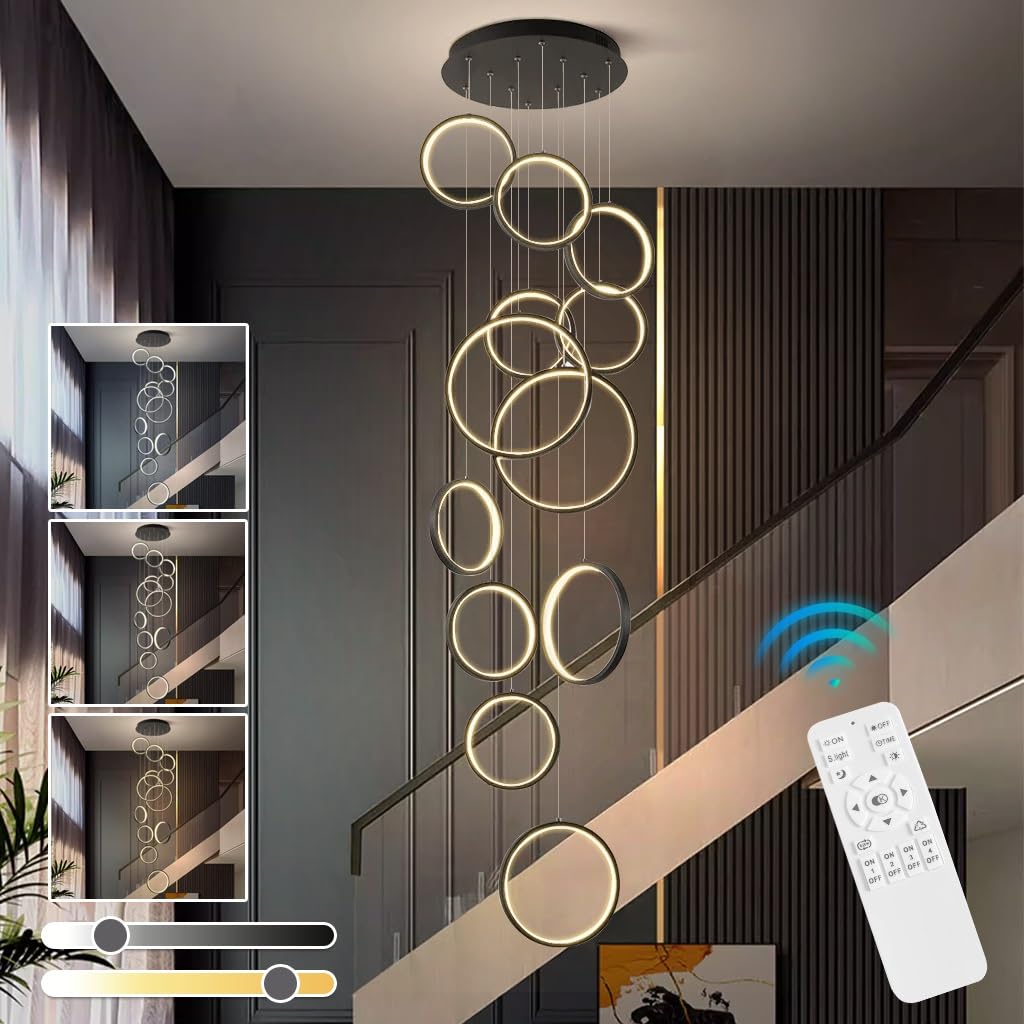 Lámpara Colgante LED Moderna Regulable Tipo araña - 18 Anillos Ajustables con Control Remoto, Luces de Techo de 195 W para escaleras, Sala de Estar, Entrada de Hotel y vestíbulo.