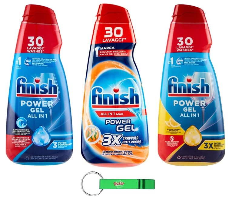 Paquete de prueba Finish Powergel líquido para lavavajillas multifuncional, efecto desengrasante, 30 lavados, 3 x 600 ml + llavero Beni Culinari gratis