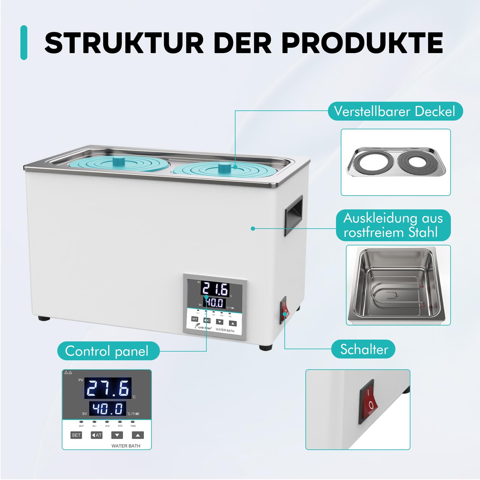 LAB FISH Digitales Labor Wasserbad 6L, 600W - Doppelte Öffnung, Edelstahl - Präzises Thermostat ±0,1°C - Timer 0-999 Min - LED Display