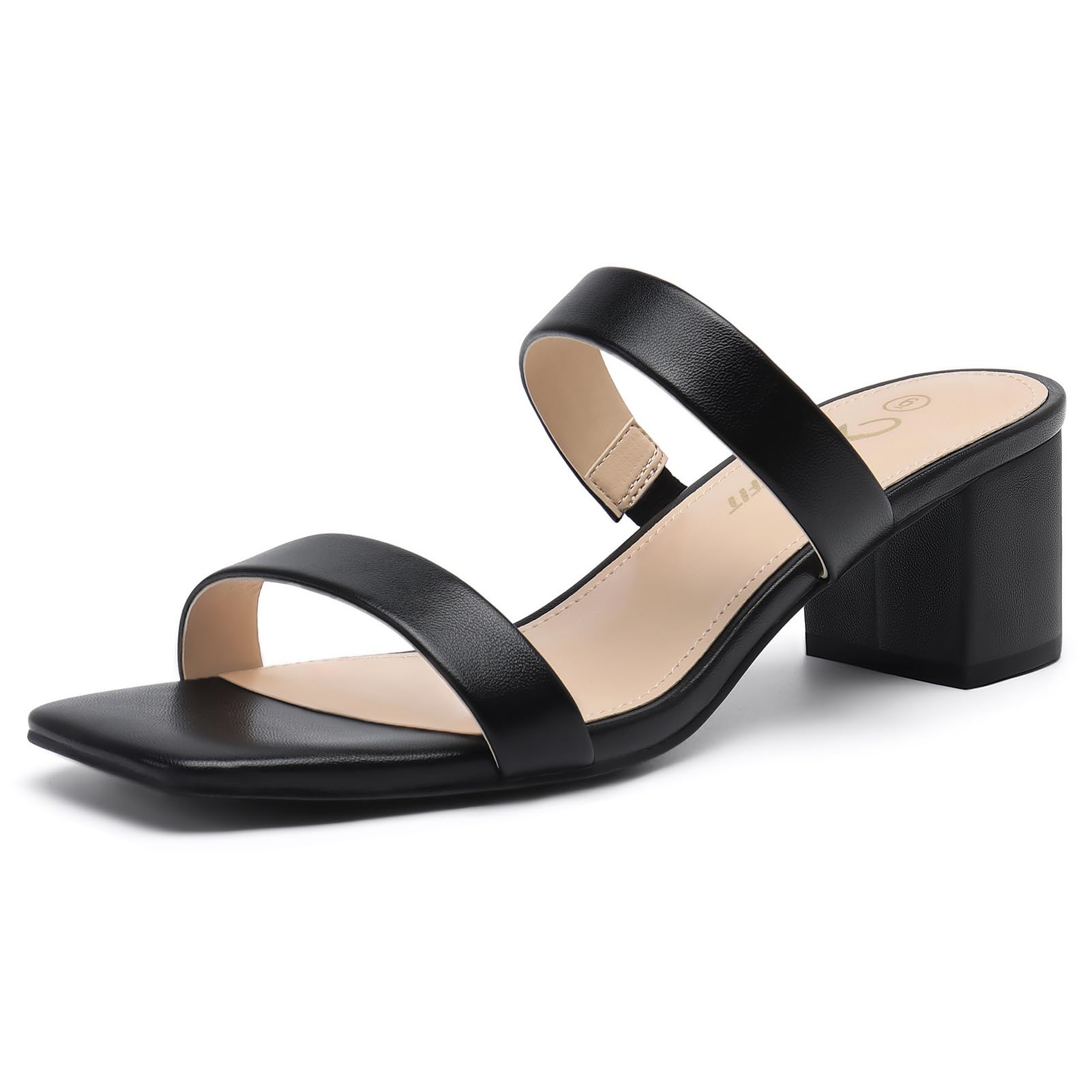 Athlefit Women's Two Strap Open Toe Heels Sandals Chunky Block Comfortable Slip On Low Heel Dress Shoes