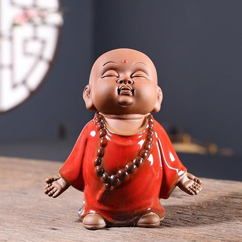 Miniatura 10 de Estatua de monje de Buda roja, figura de cerámica para bebé, té de monje zen, figura de mascota, estatua de meditación de 3.7 pulgadas para