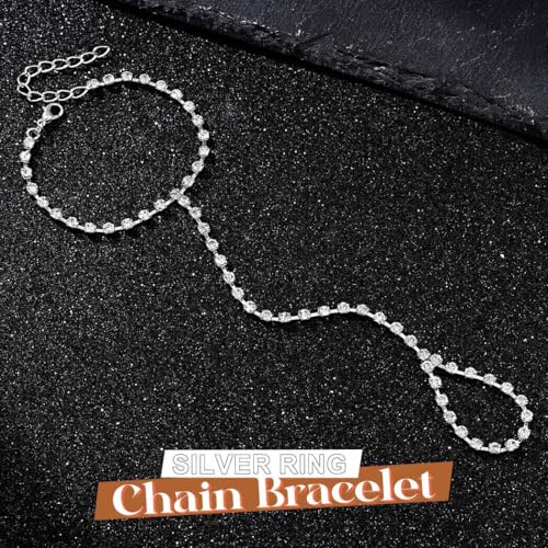 ACEDRE Rhinestone Ring Chain Bracelet Silver Sparkly Finger Hand Jewelry for Women2