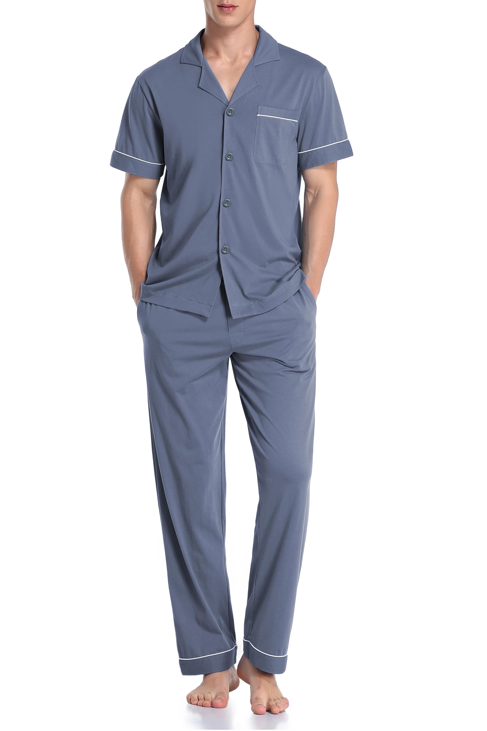 COLORFULLEAF Men's 100% Cotton Pajamas Set Button Down Sleepwear Short Sleeve and Long Pants Pjs
