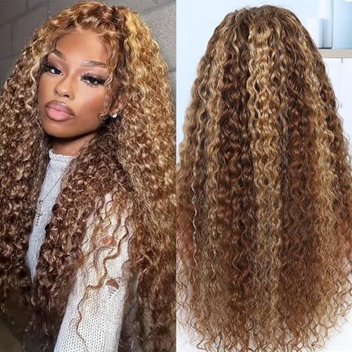 NOELLA 13x6 Honey Blonde Highlight Ombre Lace Front Wigs Human Hair 30 Inch Water Wave Curly Human Hair Wigs For Women Natural and Soft Wet and Wavy HD Lace Frontal Glueless Wigs 210% Density