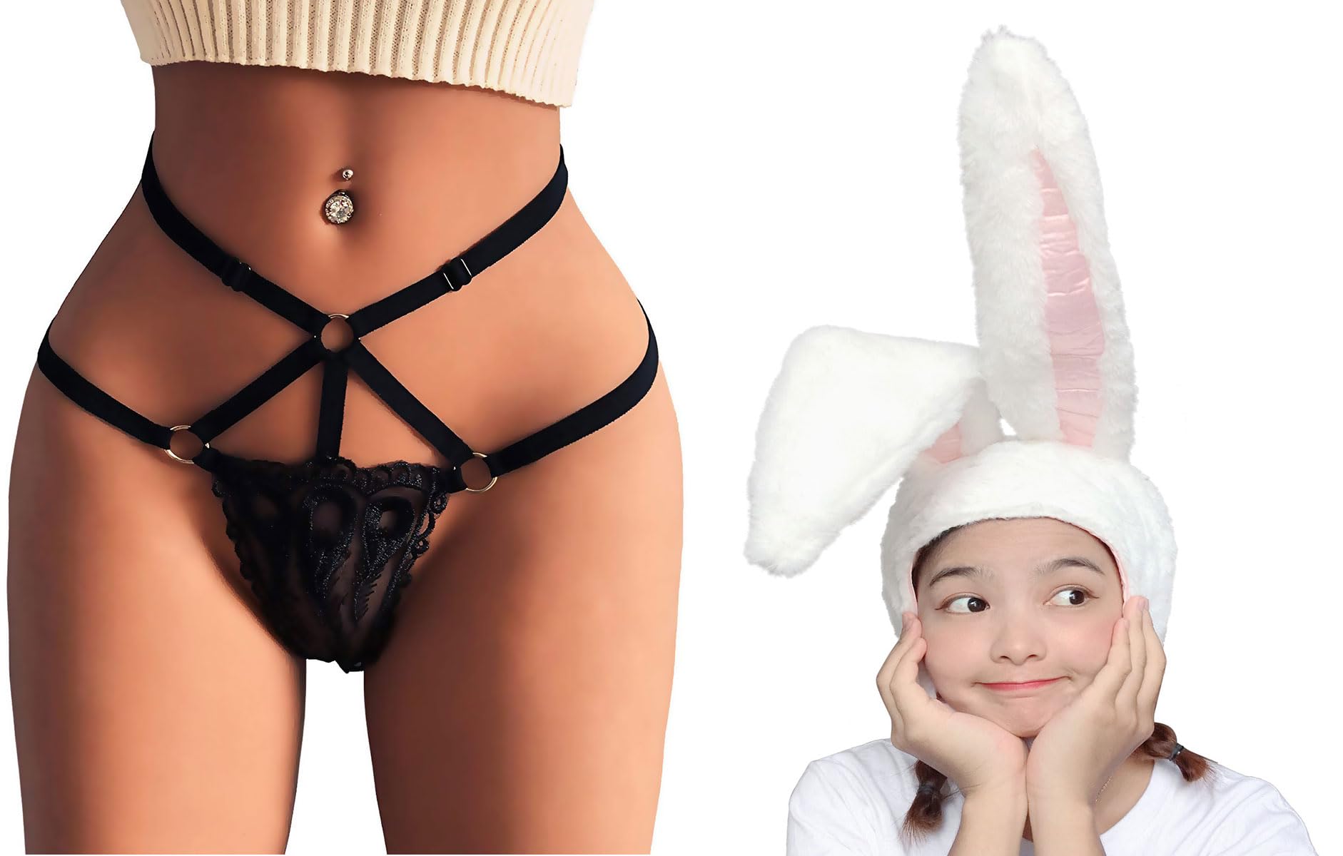 10AGIRL Women's Black Charming Thong Lingerie lace G-String, Women Costume Rabbit Hat Cosplay Halloween Party Holiday Hat