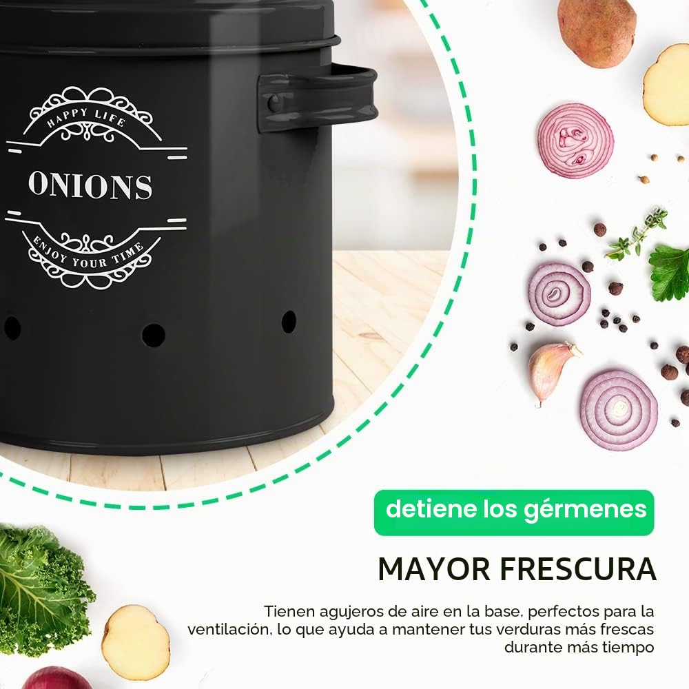 VirklyeeTarros de patatas Tarro de cebolla Tarro de ajo Juego de 3 Frascos de almacenamiento para frutas y verduras Tanque de almacenamiento de metal Botes para alimentos (Negro)