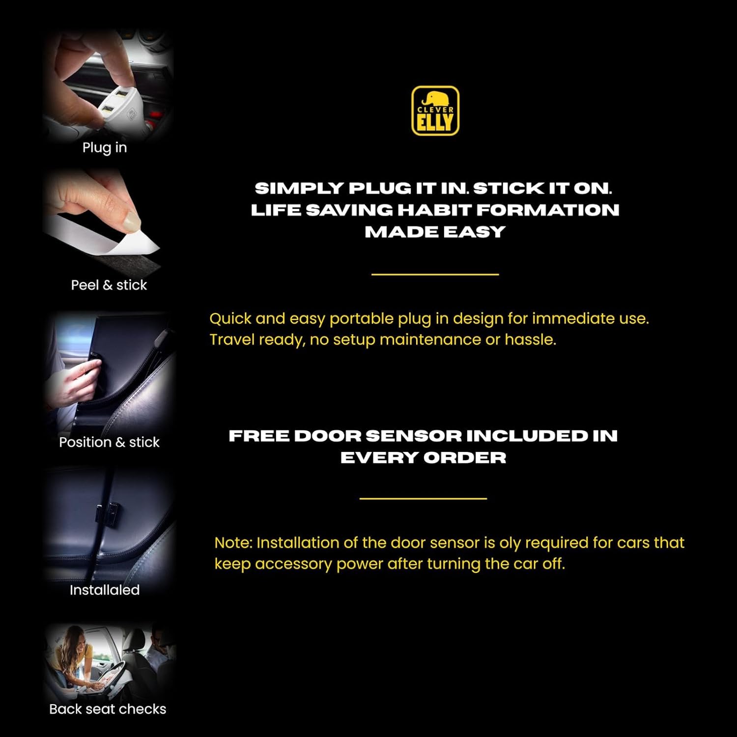 A Fast Charger That Helps You Build The Habit of Checking The Backseat-Newborn Essential | Clever Elly – No App, Voice Alert–Hot Car Prevention Device for Infant & Toddler Safety USB-C + USB-A