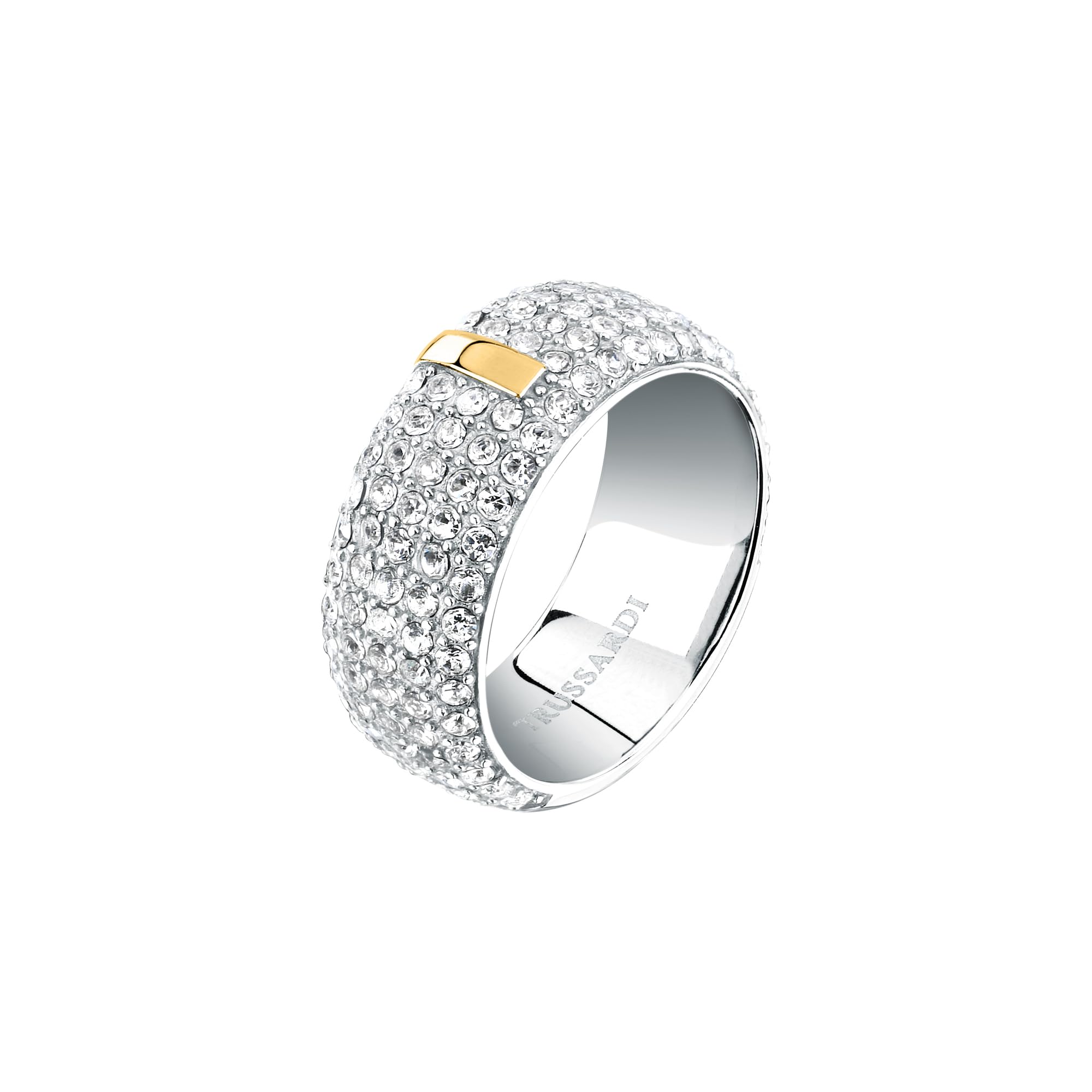 Trussardi Anello Donna in Acciaio, Cristalli a Fascia con Dettaglio Dorato, Collezione T-ROUND