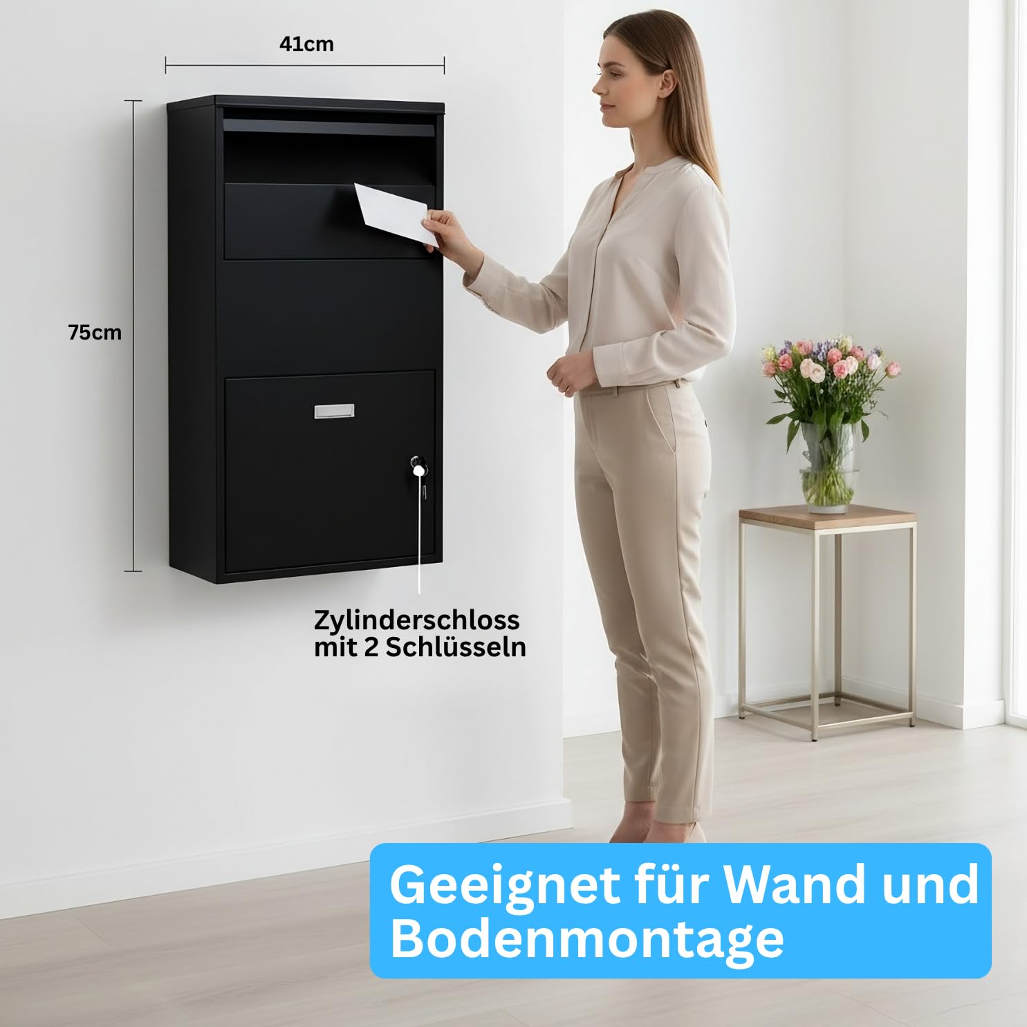 IMLEX Paketbox Paketbriefkasten IM-PB75 Paket Box | Briefkasten mit Paketfach | Wand- und Bodenmontage | Paketgröße bis zu 37x30x18 cm (Schwarz)
