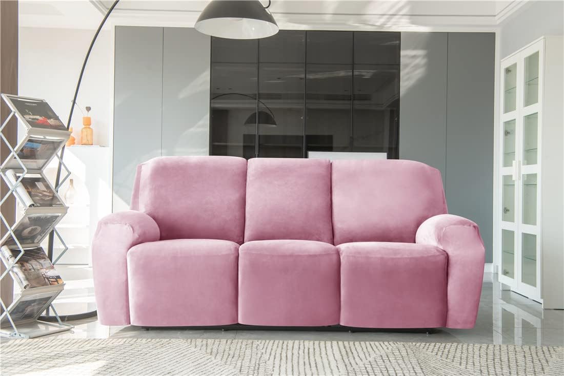 Stretch Recliner Sofa Slipcover Velvet Recliner Chair Covers for 3 Cushion Reclining Couch Cover 8 Pieces Sofa Furniture Protector Slipcovers with Side Pocket Machine Washable
