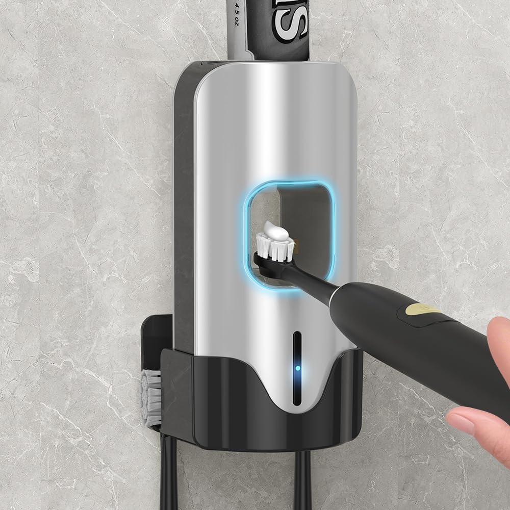 Automatic Toothpaste Dispenser Wall Mounted - Hands-Free Toothpaste Squeezer with 3 Speed Settings, 2 Toothbrush Holders & Strong Adhesive - Smart Bathroom Organizer for Kids and Adults