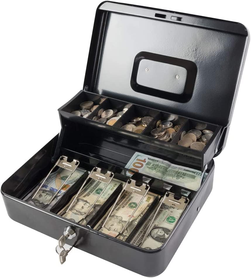 Cash Box with Key & Money Tray Metal Money Box Large 12 Inch Cash Box with Note and Coin Compartments 1 Pc(MULTI COLOR)-image-20