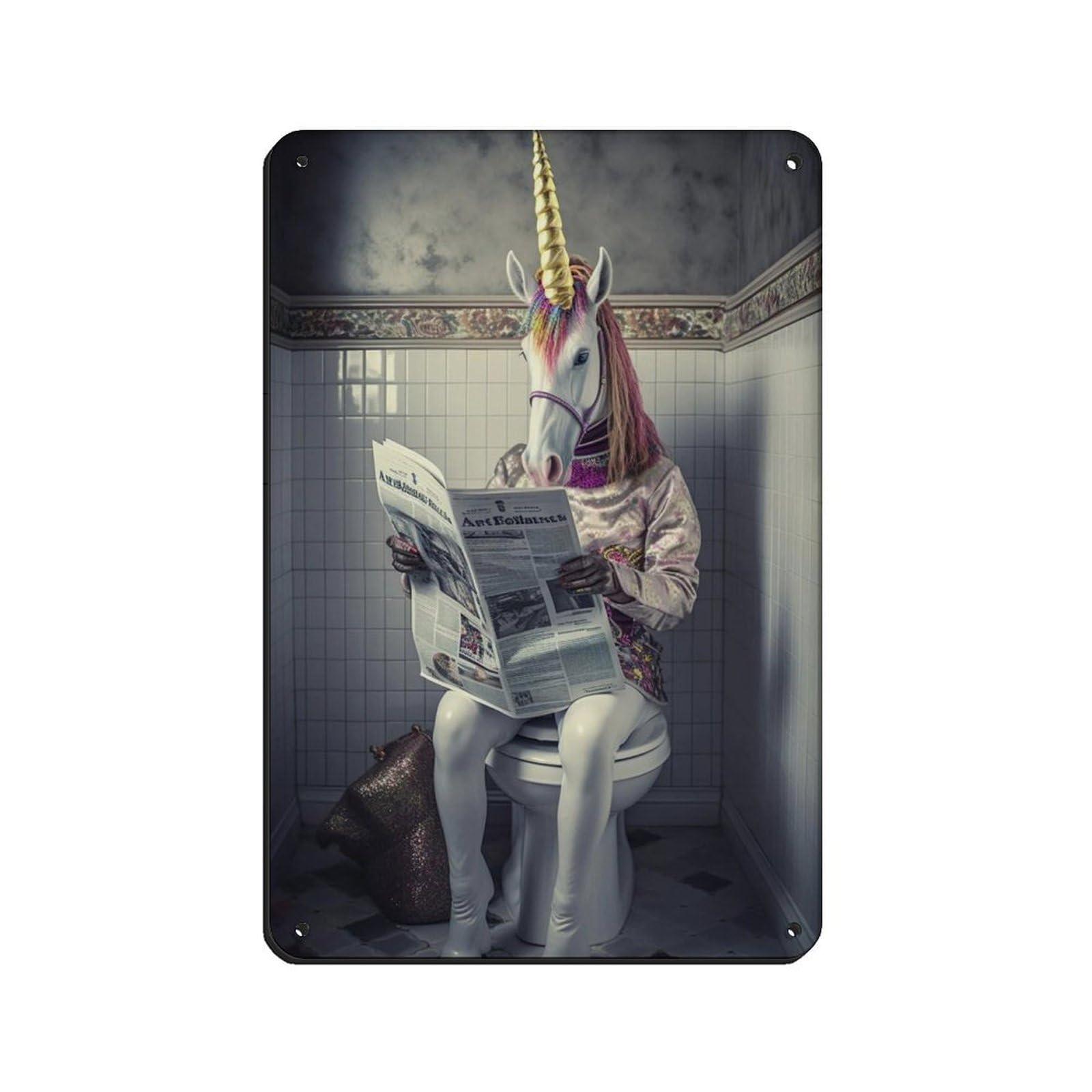 Unicorn Sitting on The Toilet Reading A Newspaper (2) Retro Poster Metal Tin Sign Chic Art Retro Iron Painting Bar People Cave Cafe Family Garage Poster Wall Decoration 8x12inch(20x30cm)