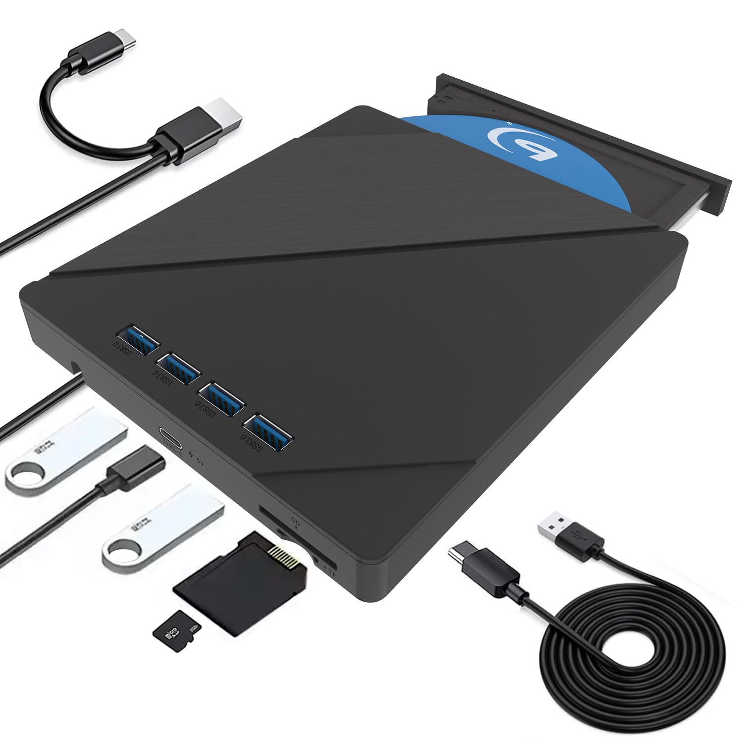 Custom Catch Lecteur Blu-Ray Externe Multifonction 8 en 1, Lecteur Blu-Ray USB 3.0 et Lecteur DVD/BD de Type C, graveur Blu-Ray, Lecteur Blu-Ray Portable Fin pour Ordinateur Portable, PC