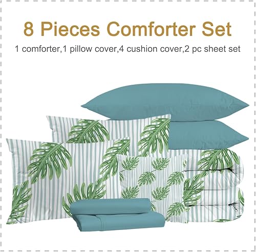 Miniatura 10 de BEDMUST Juego de edredón de plantas tamaño individual, 8 piezas de cama en una bolsa, juego de ropa de cama de Monstera Azure Azure, juego de