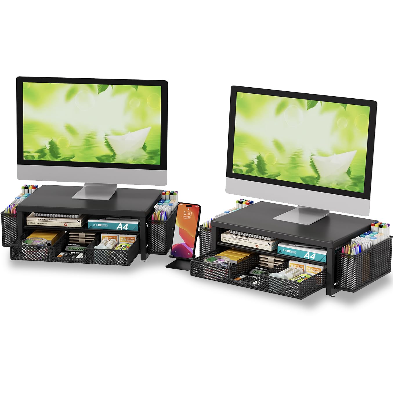 Supporto per monitor in metallo con cassetto e 2 portapenne, per scrivania, accessori da scrivania e supporto per schermo del computer, per stampante (nero) (confezione da 2)