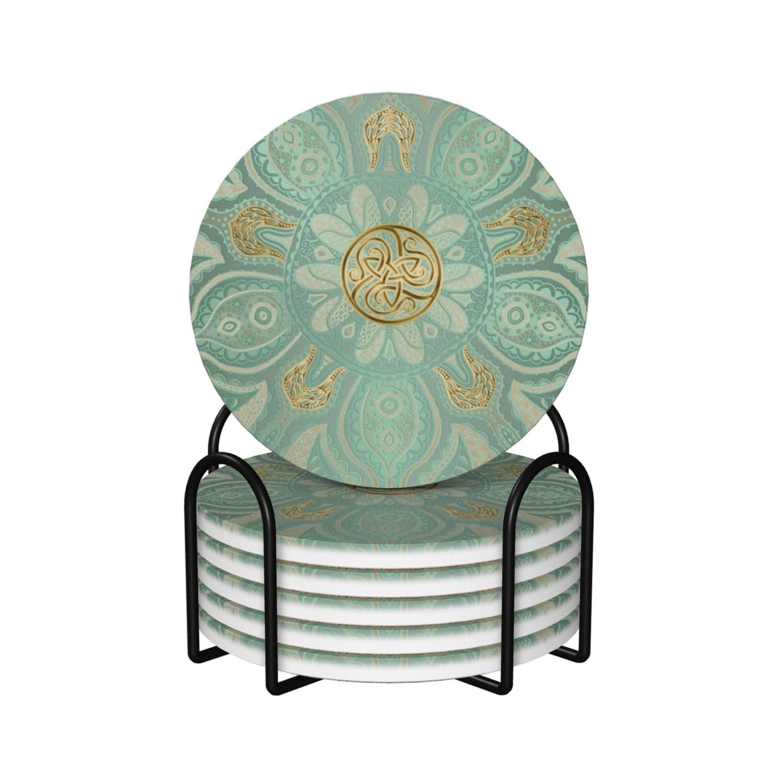 Yxdvpalne As Picture Soft Sage Green And Gold Celtic Mandala,Round Ceramic Coasters, Mugs Pad, Cups Mat Set Of 6 Drinks Coasters With Holder