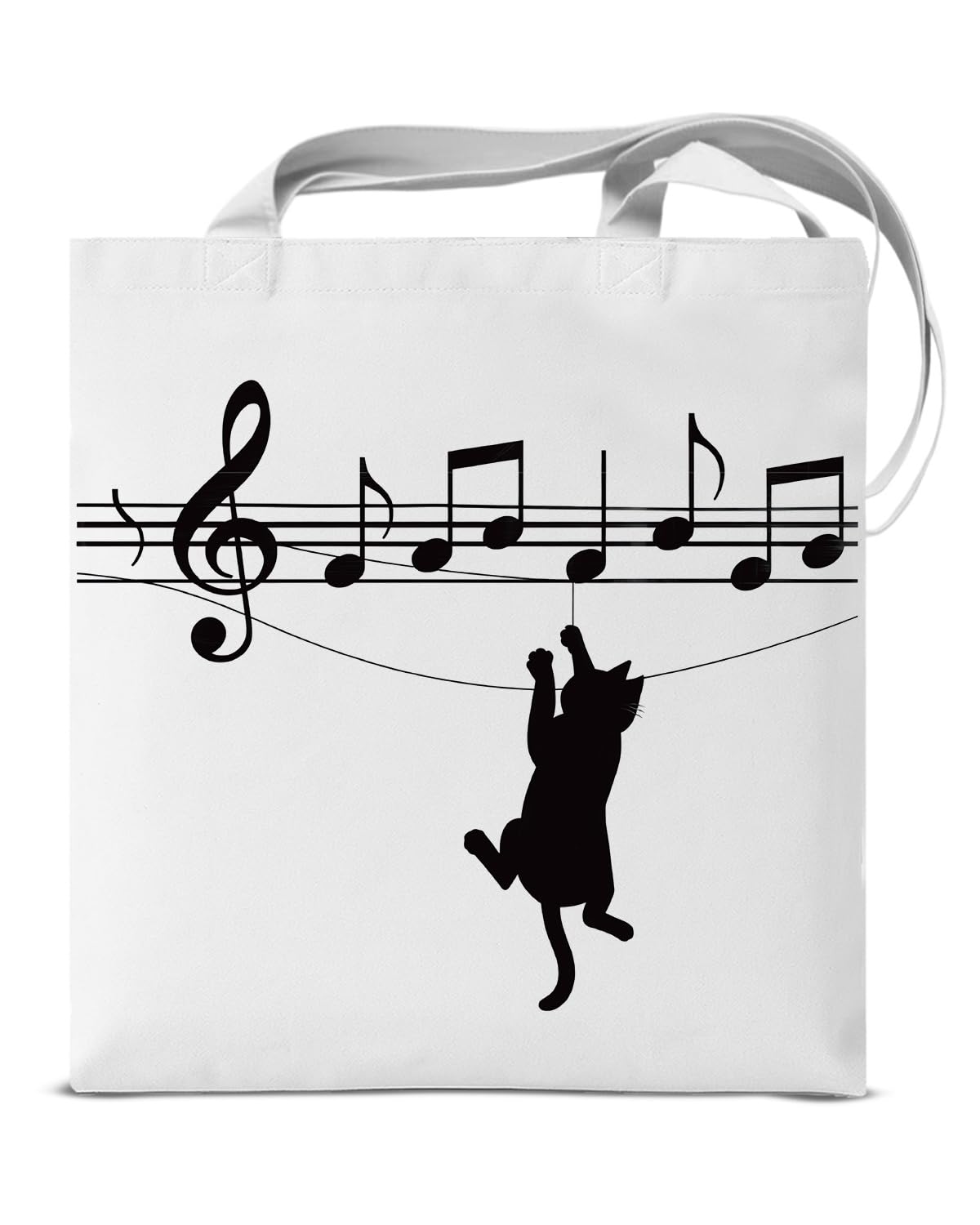 KSFFWQIN Cute Cat Canvas Tote Bag for Women Funny Cat Music Note Reusable Grocery Shoulder Bag for Shopping Work Travel Music Lover Totes Gifts