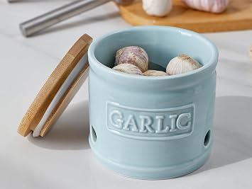 ONEMORE Garlic Keeper with Lid, Ceramic Garlic Saver 4 inch, Light Blue