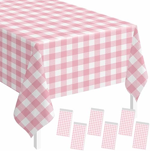 SietDESEO Paquete de 6 manteles de plástico desechables de gingham rosa claro, rectangulares de 54 x 108 pulgadas, diseño a cuadros rosa y blanco,
