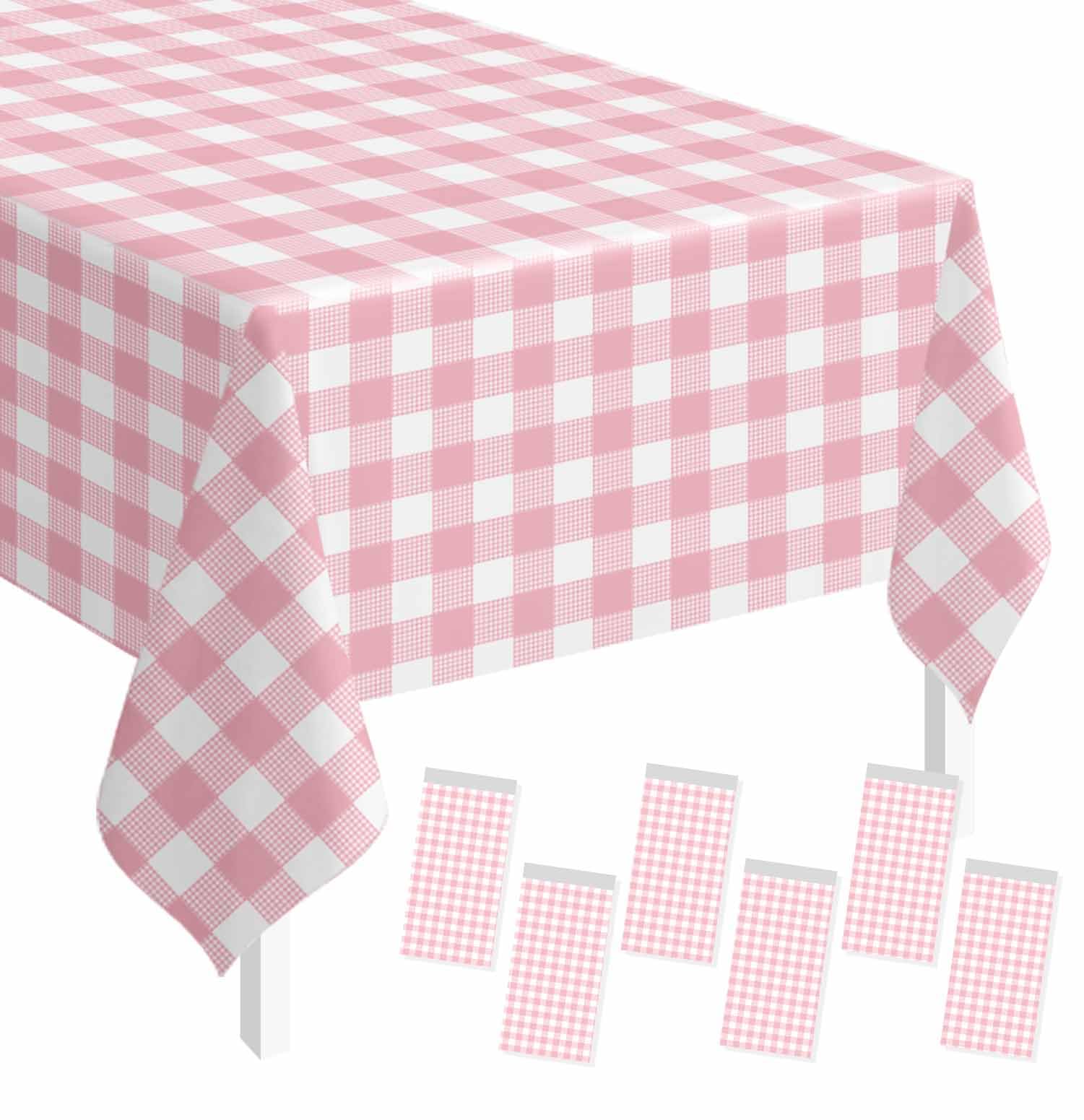 SietDESEO 6 Pack Light Pink Gingham Tablecloth Rectangle 54 x 108 Pink and White Checkered Table Cloth Disposable Plaid Table Cover Plastic for Birthday Baby Shower Picnic Wedding Party Supplies