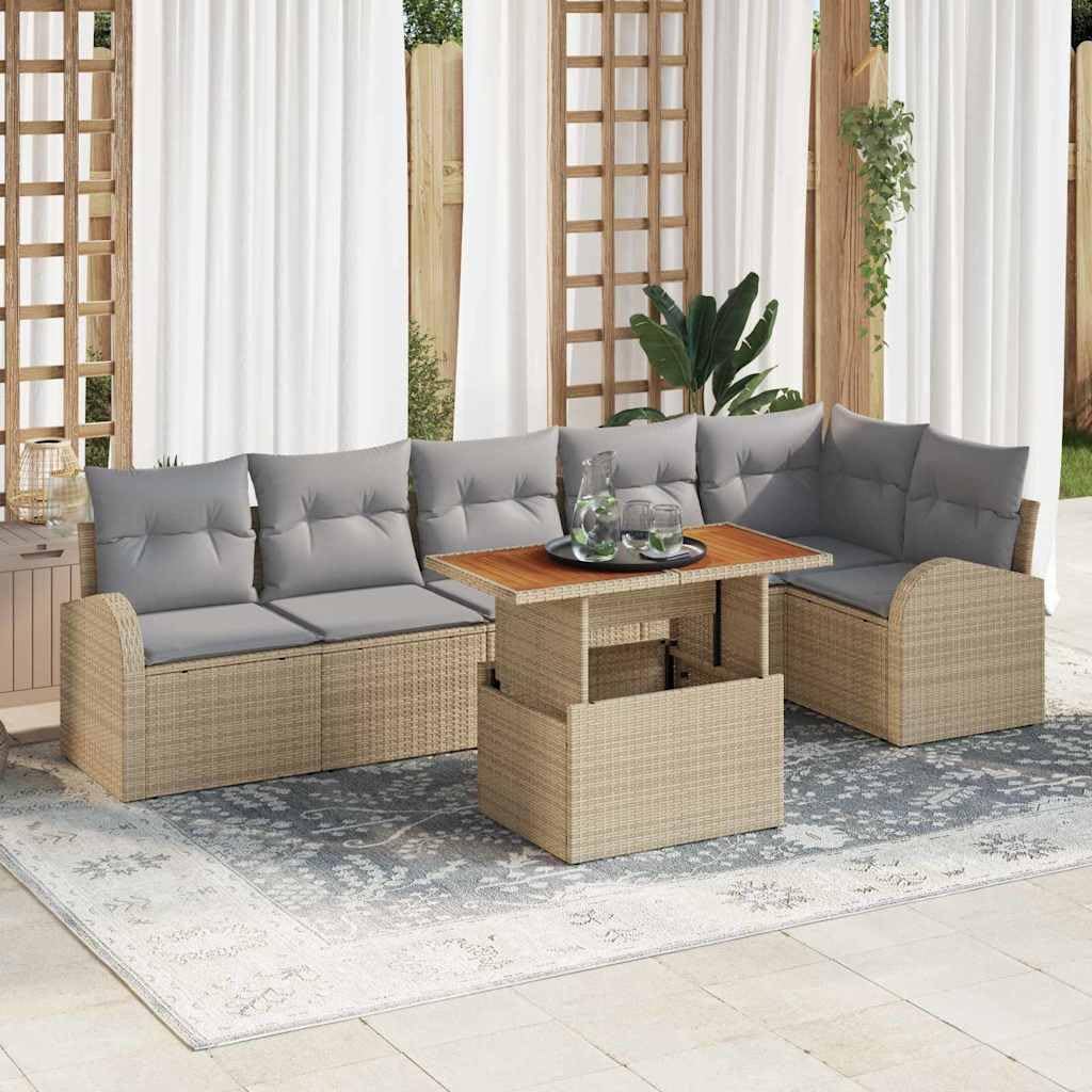 Set di mobili da giardino in polyrattan, 7 pezzi, beige e grigio