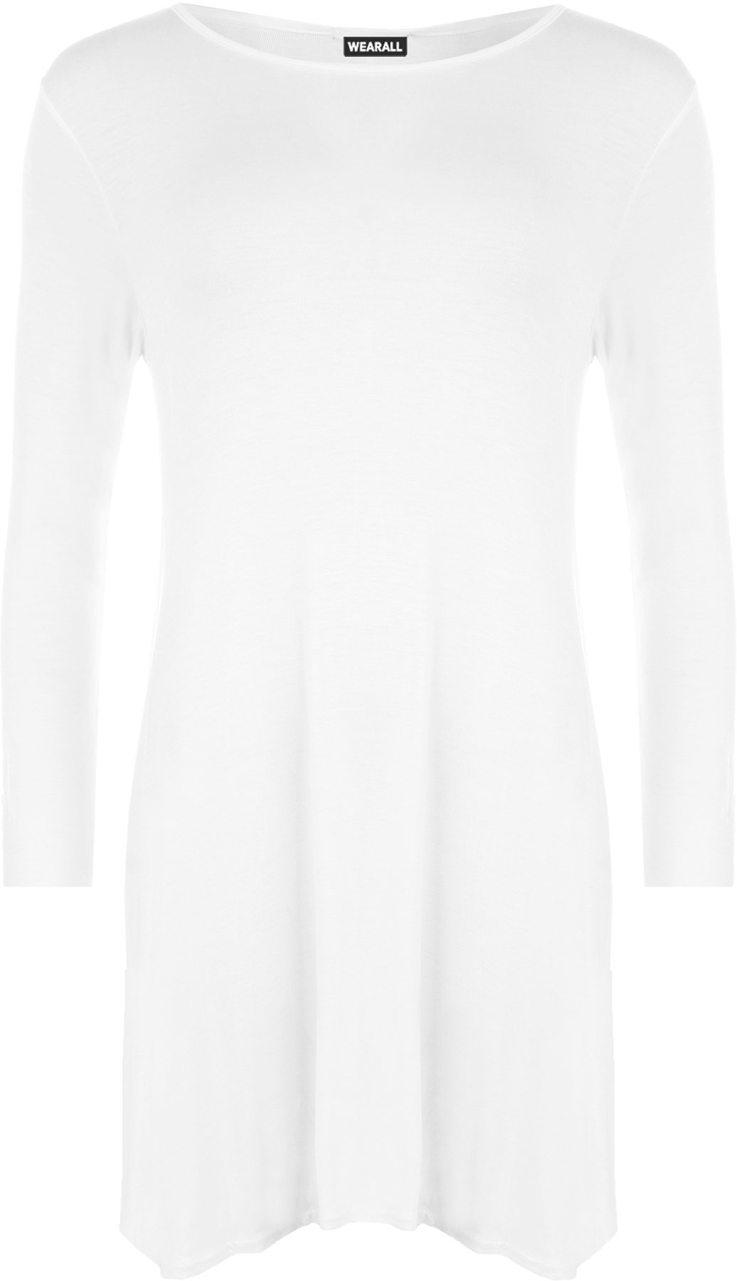 WearAll Plus Size Womens Plain Long Sleeve Stretch Ladies Swing Dress Top - White 8-10