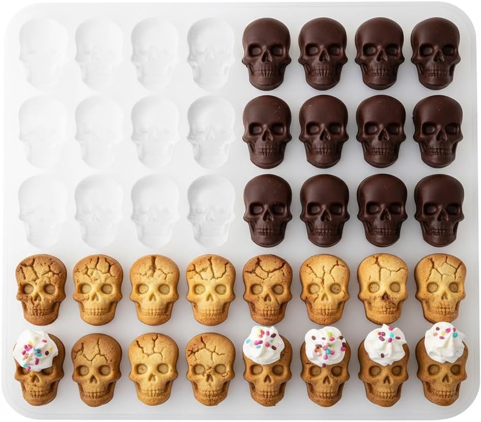 ULTECHNOVO Silicone Skull Cookie Mold 40 Cavity Baking Mold for Halloween Candy Chocolate Jelly Ice Cubes 6.7X6.3 Inch Kitchen Baking Tool