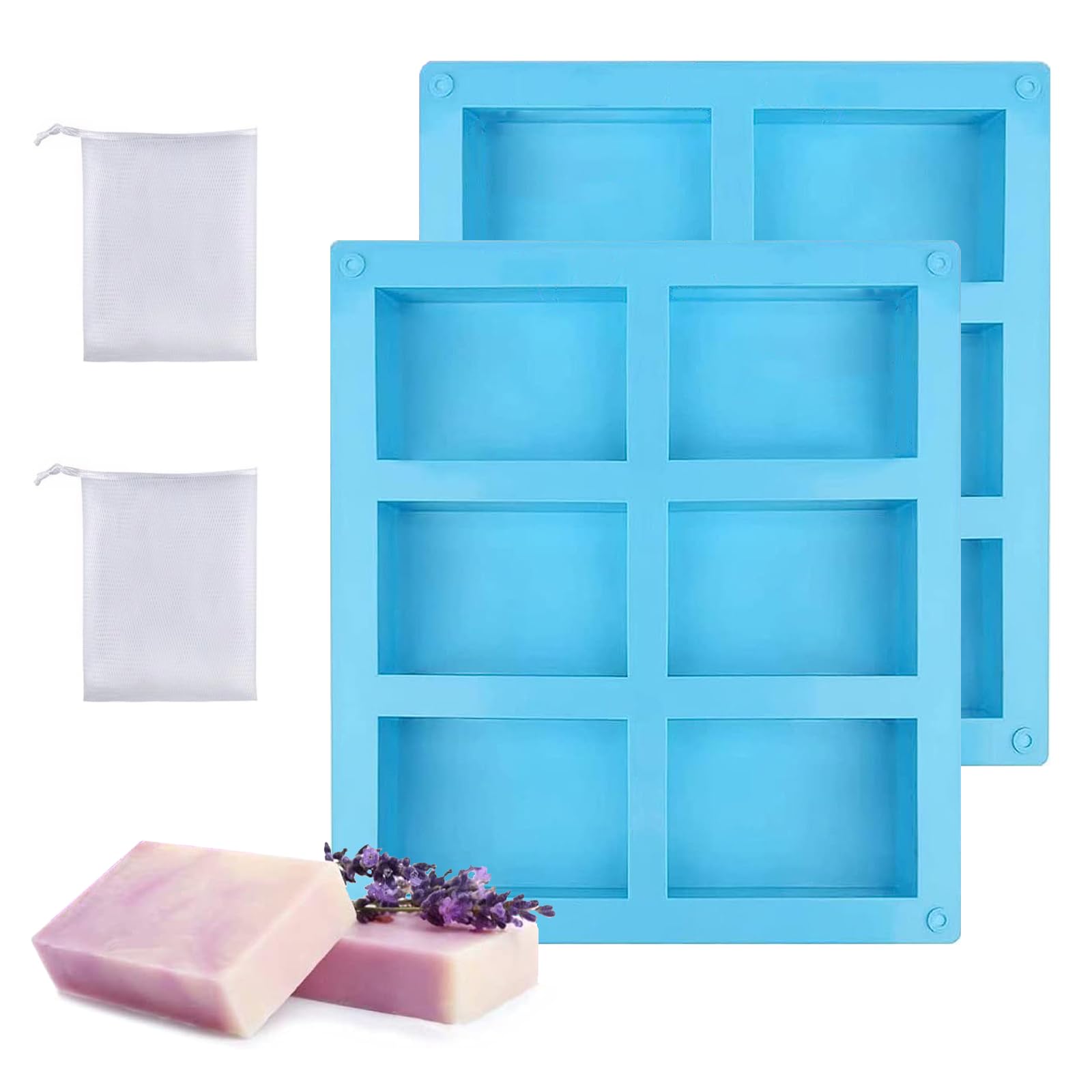 aghoer 12-Piece Soap Mould, Silicone Rectangular Handmade Soap Mould with 4 Foaming Mesh, for Soap DIY Moulds