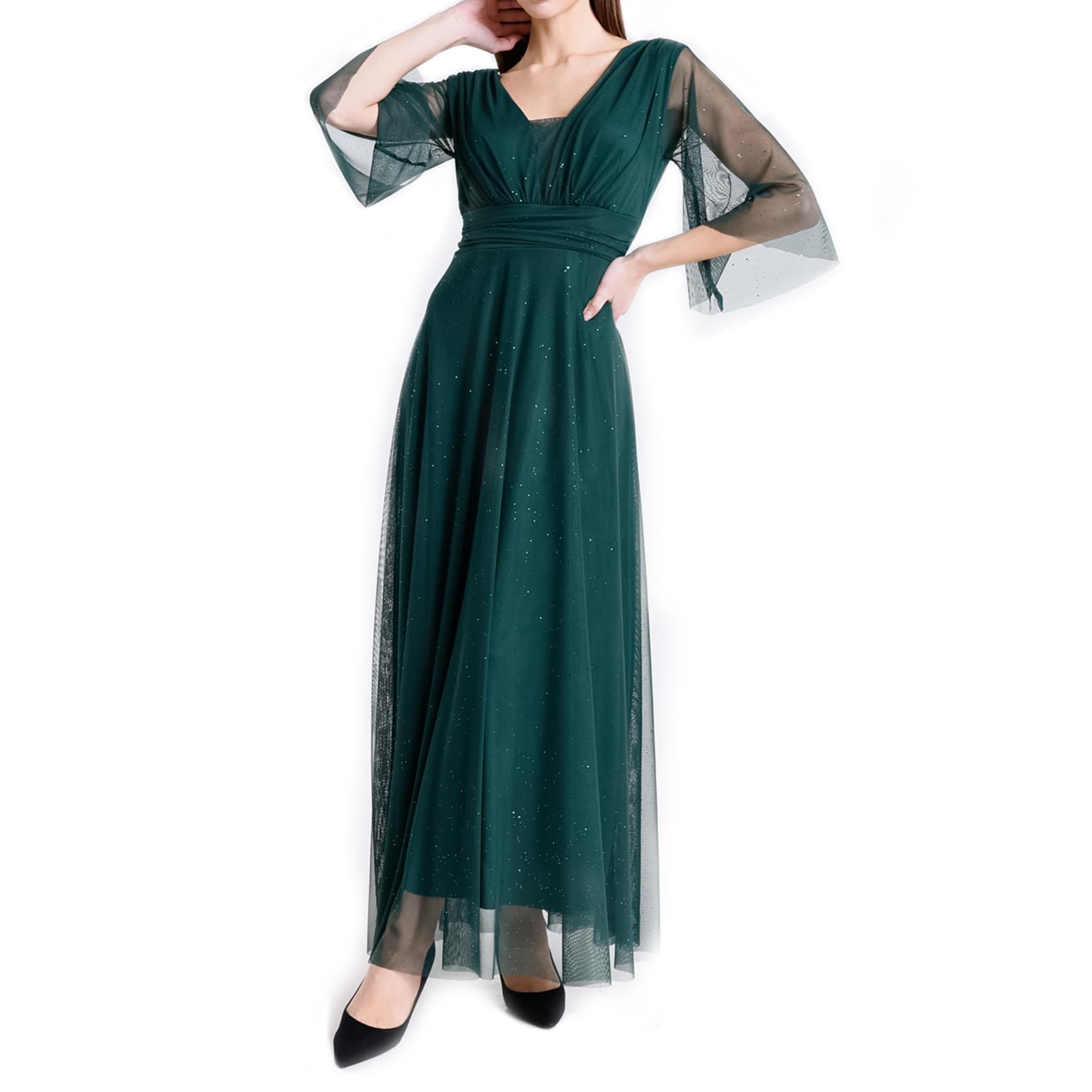 Vestido largo elegante para mujer, de ceremonia, mangas 3/4 y cuello en V, talla única ajustable, ideal para bodas, eventos y fiestas. Fabricado en Italia