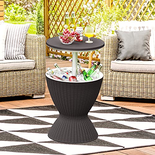 Image of Tangkula Outdoor Cooler Table, Multi-Functional Cooler Bar Table, Adjustable Height Ice Cooler Side Table w /Drain Plug, 8 Gallon Beer & Wine Cooler, Rattan Style Patio Furniture for Pool Parties