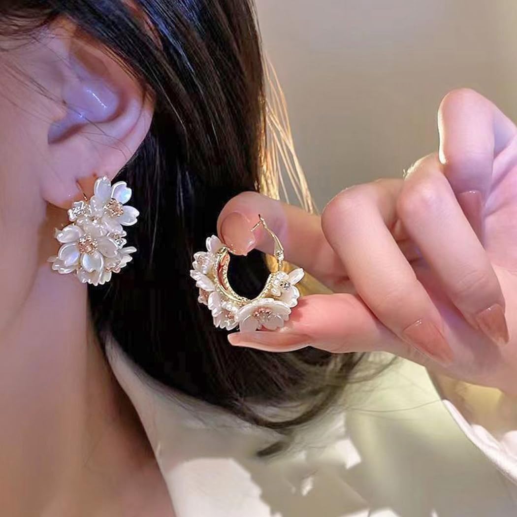 14K Gold Plated Acrylic Flower Hoop Earrings for Women,Statement Floral Cluster Dangly Huggie Earrings,Delicate Birthday Prom Jewelry Gifts - Image 2
