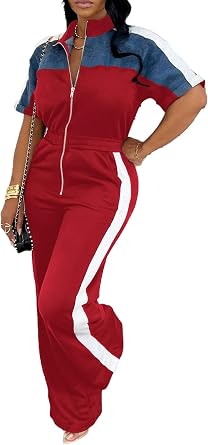 Womens Color Block Zip Up Jumpsuit Casual Short Sleeve Elastic Waist Wide Leg Pant One Piece Rompers Sportswear, Red, XL