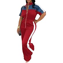 Women's Color Block Zip Up Jumpsuit Casual Short Sleeve Elastic Waist Wide Leg Pant One Piece Rompers Sportswear, Red, XL