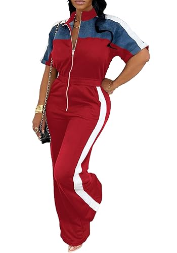 Women's Color Block Zip Up Jumpsuit Casual Short Sleeve Elastic