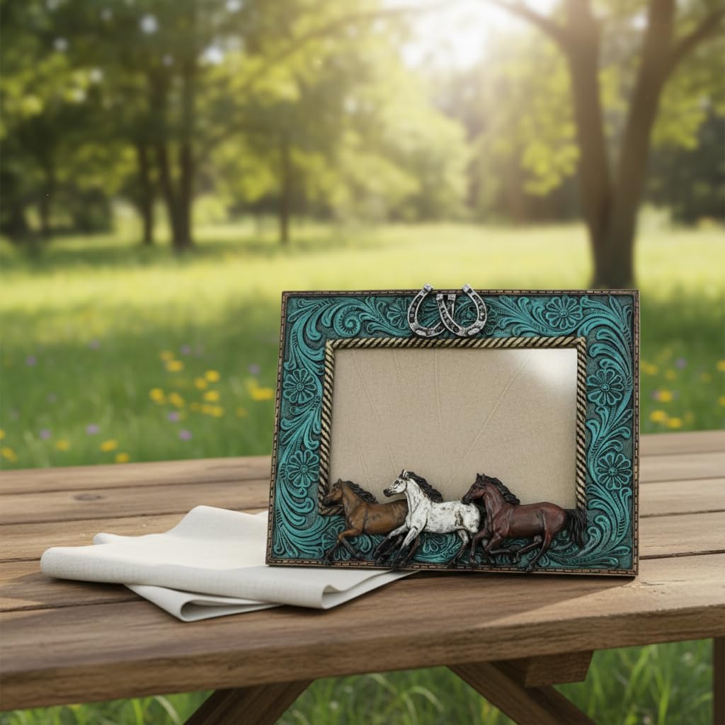 Comfy Hour 9.3" Running Horses Photo Frame with Horseshoe, Rustic Antique Vintage Blue Western Style Home Decor, Horse Figurine Picture Frame for Office, Resin
