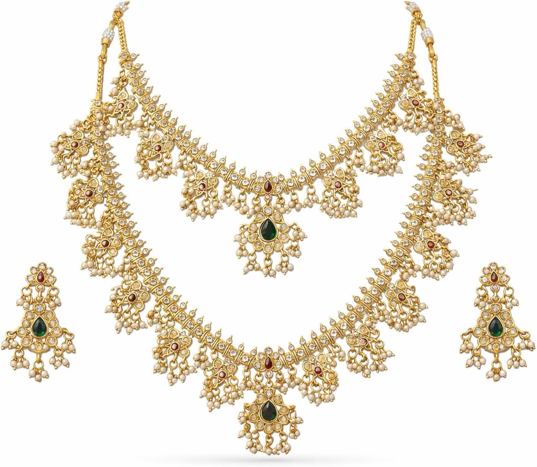 Gold Plated Bridal Guttapusalu Necklace Set for Women with Earrings | Traditional South Indian Temple Jewellery | Pearl Beaded Long Haram Set for Wedding
