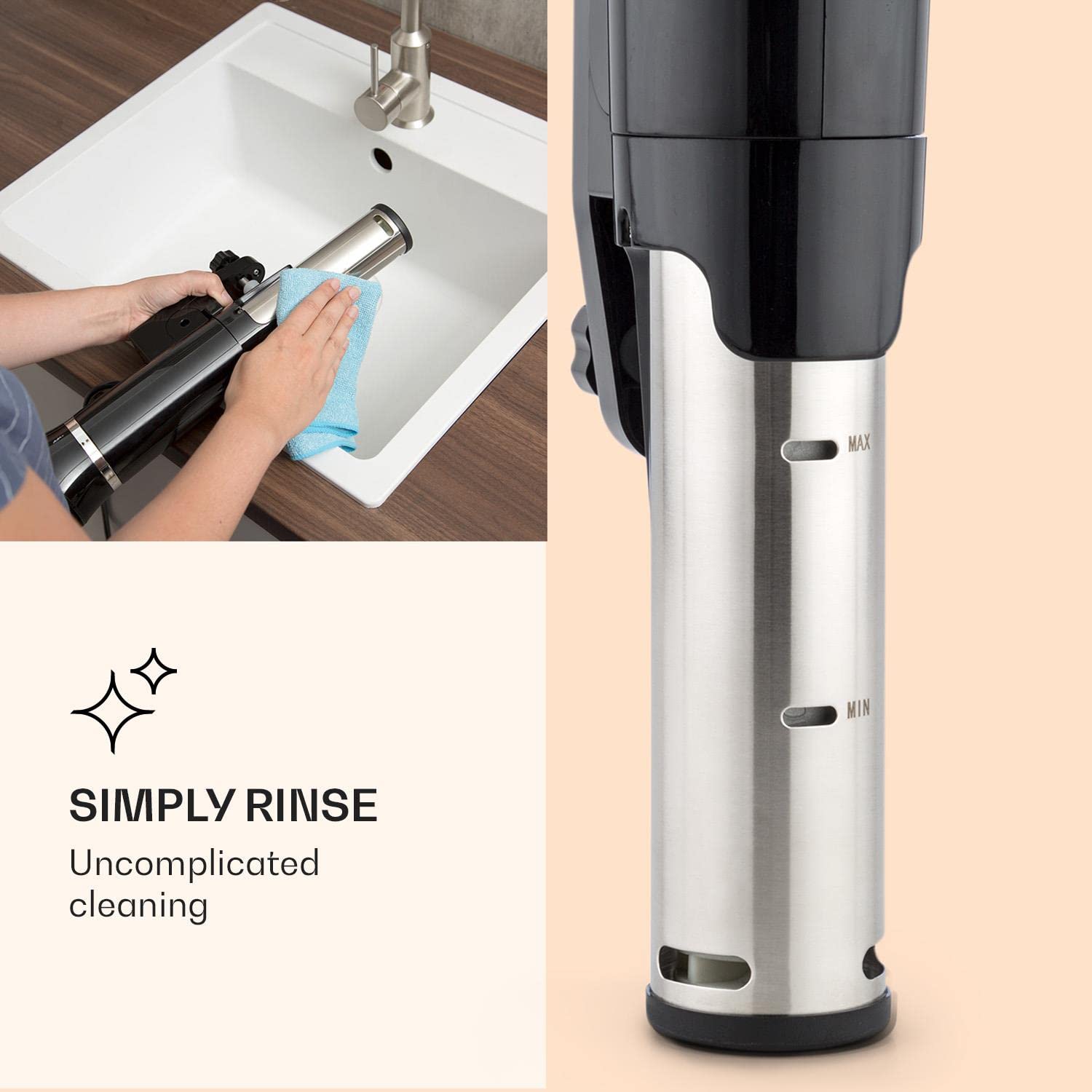 Klarstein Quickstick- Sous-Vide Garer, Präzisionskochtopf, Schongarer, 1300 Watt, Timerfunktion, 3D Circulating, 0-95 °C, LCD Touch-Display, wasserdicht, bis 20 Liter, flex schwarz