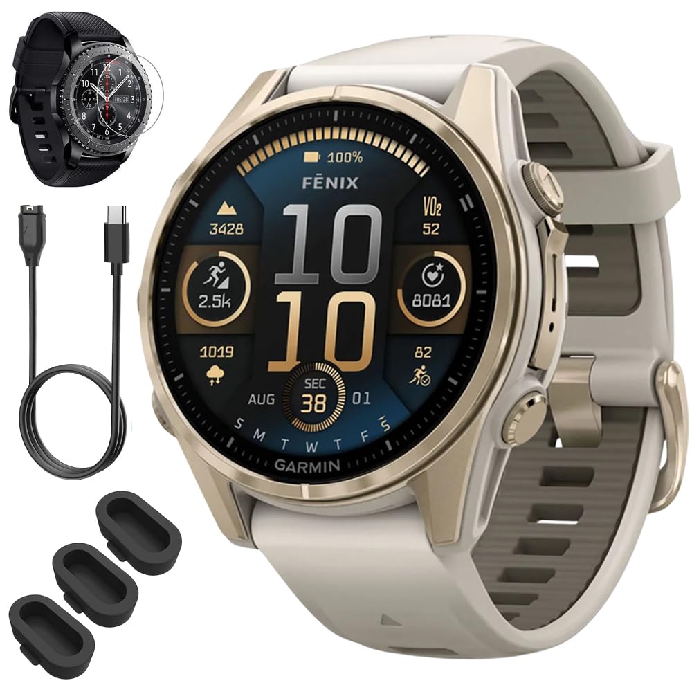Garmin 010-02903-10 Fenix 8 43mm GPS Smartwatch Sapphire Soft Gold with Fog Gray Sandstone Silicone Band Bundle with