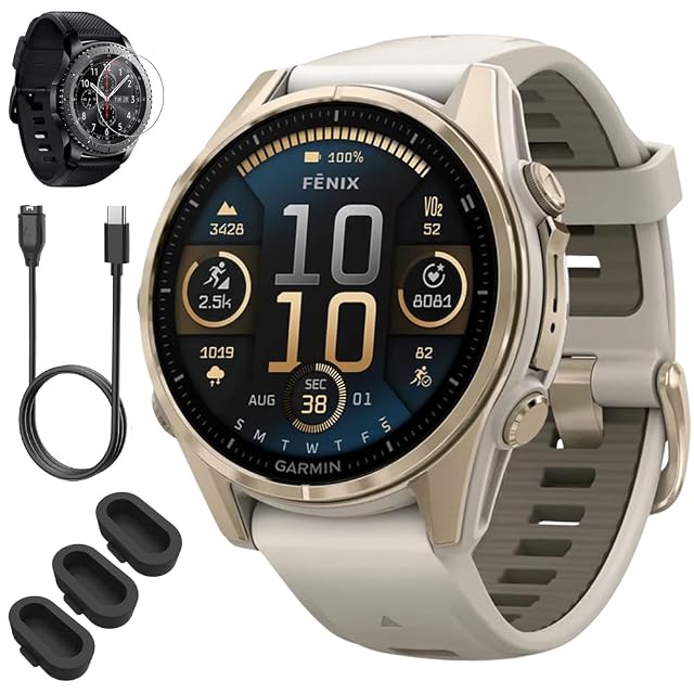Garmin 010-02903-10 Fenix 8 43mm GPS Smartwatch Sapphire Soft Gold with Fog Gray Sandstone Silicone Band Bundle with
