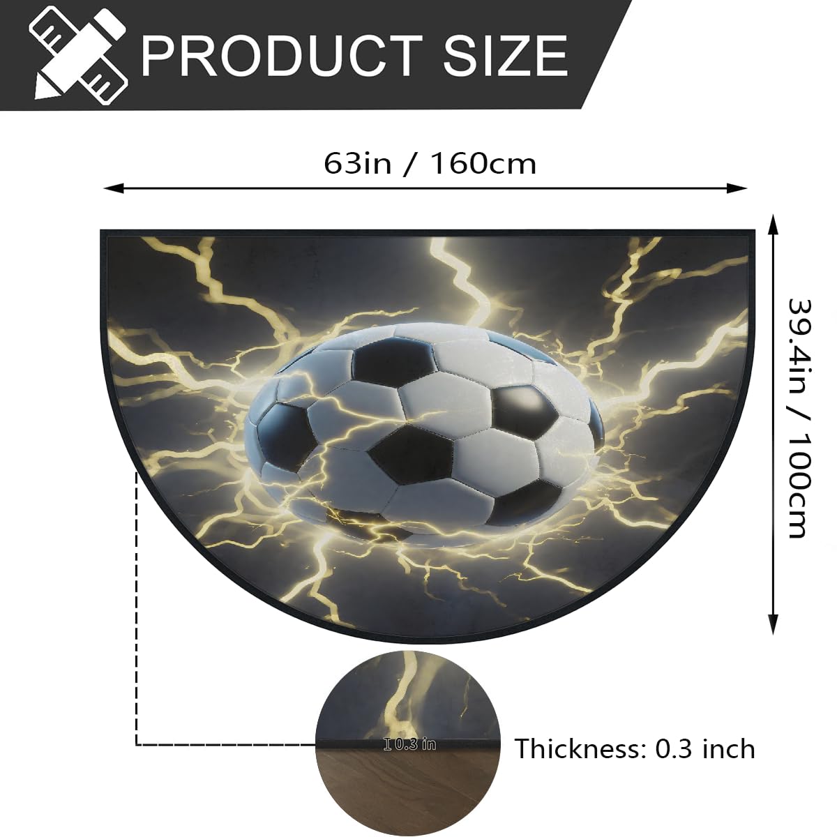 Große halbrunde Fußmatte – Soccer Lightning rutschfest, saugfähig, halbrund, Eingangsbereich, niedlich, weich, halbrund, waschbar, Teppich für Küche, Badezimmer, Schlafzimmer, 160 x 100 cm