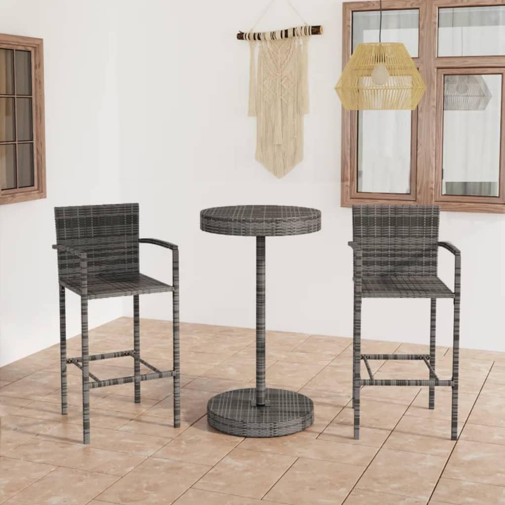 3-Piece Garden Bar Set with Round Table and Two Stools, Grey PE Rattan and Powder-Coated Steel Outdoor Furniture for Patio, Balcony, or Garden, Weather-Resistant and Easy