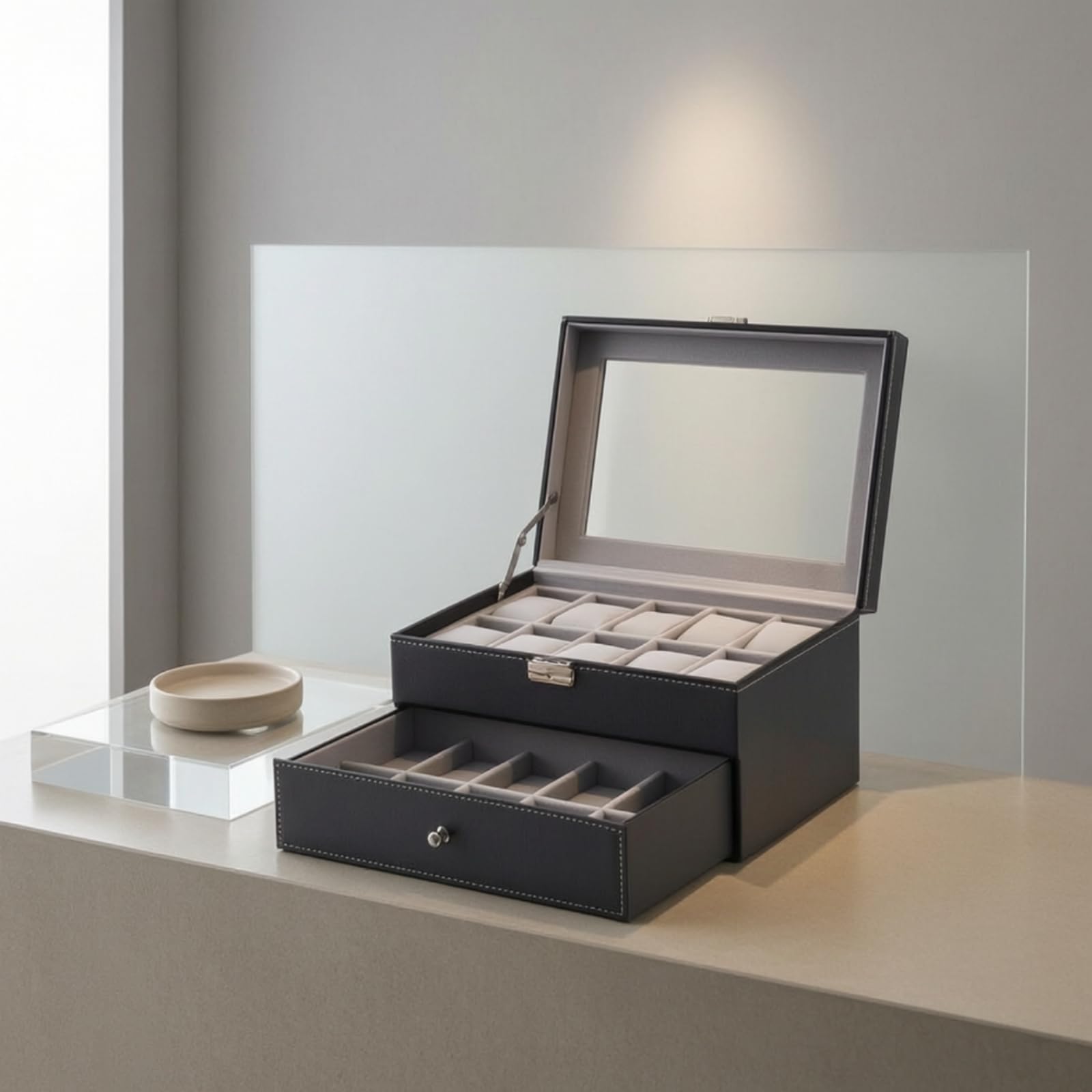Organizador Relojes 20 Compartimentos Caja Relojes con Cajón Suave Reloj para Cómoda