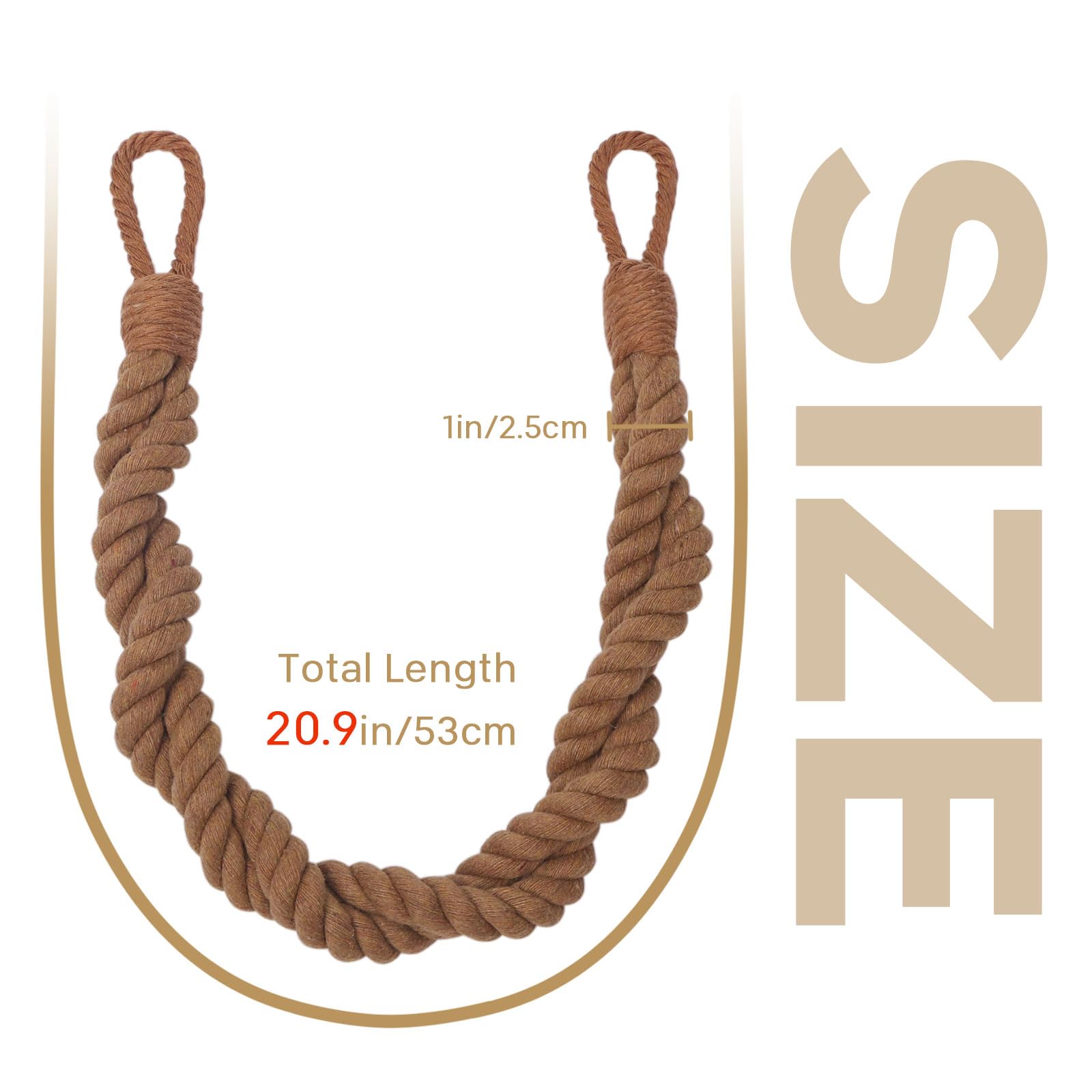 Pretty Jolly 2 Pack Natural Cotton Rope Curtain Tiebacks Elegant Boho Style Decor Drape Tie Backs Soft Hand-Woven Double Rope Curtain Holdbacks with Metal Hook for Home & Office Drapery (Light Coffee) - Image 3