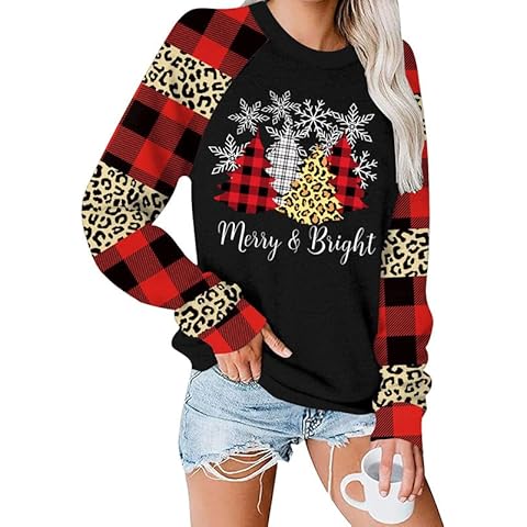 For G and PL Christmas Womens Raglan Holiday Graphic Shirts Funny Sweatshirts Buffalo Plaid Leopard Tree Snowflake Merry Bright S Cover