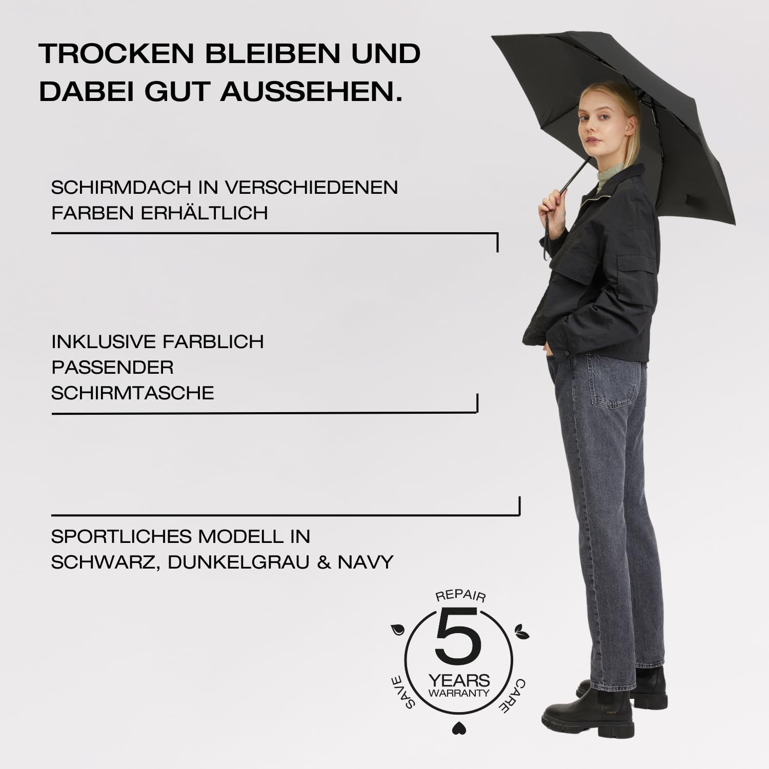 Knirps Regenschirm C.250 Light Duomatic Black mit Schirmtasche I Taschenregenschirm mit Duomatic-Funktion I Auf-Zu-Automatik I Taschenschirm mit Drucktaste I Regenschirm automatisch & leicht
