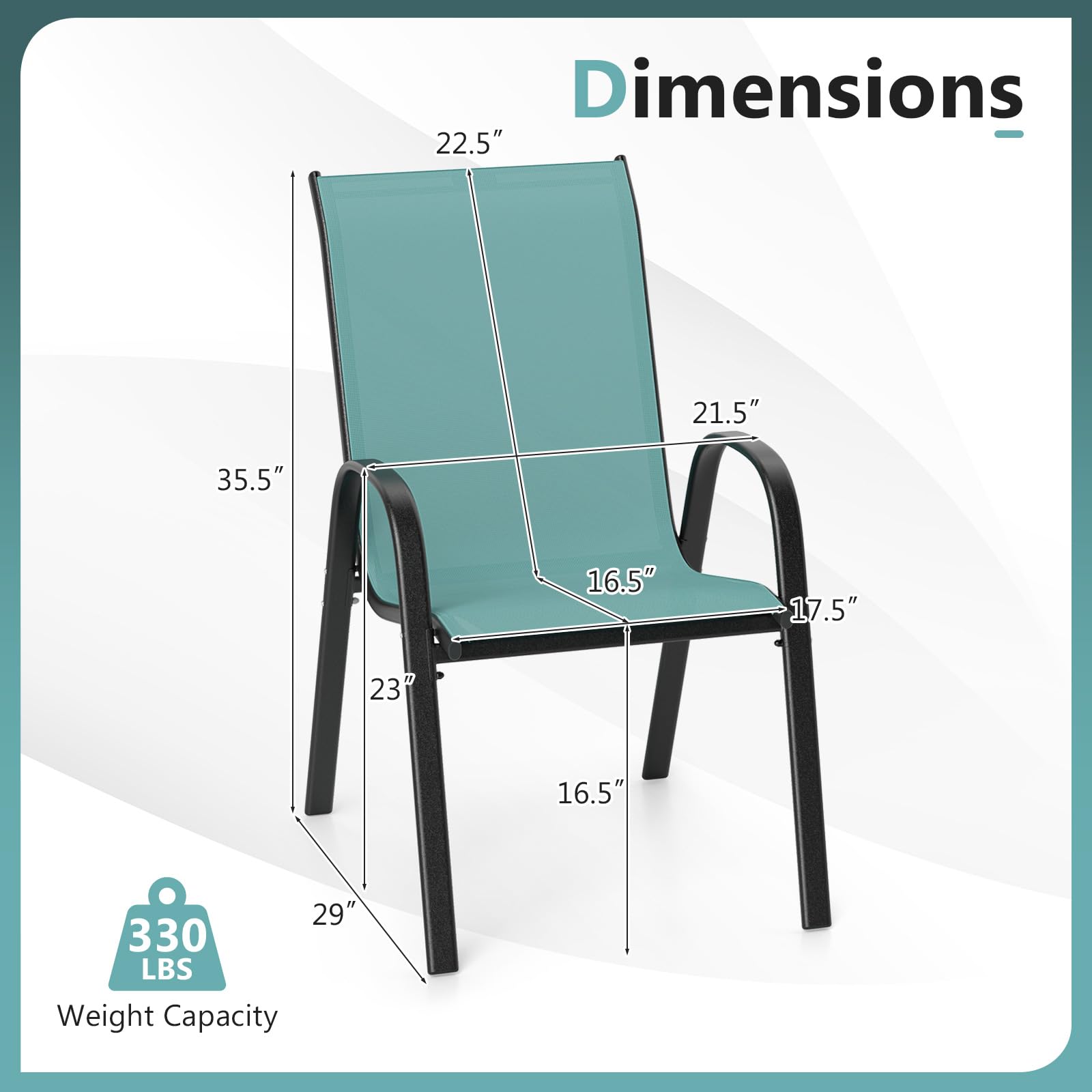 COSTWAY Patio Dining Chairs Set of 4, Stackable Outdoor Chairs with Armrest and High Back, Breathable Fabric & Metal Frame Chair for Garden Poolside Backyard Deck (Turquoise) - 3
